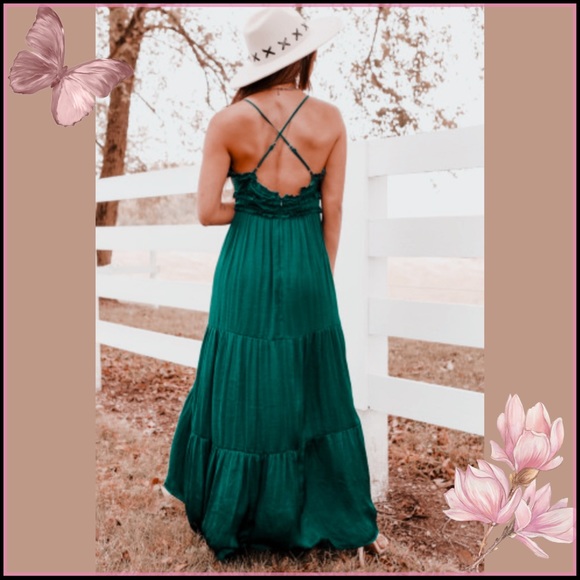 EMERALD GREEN CROSS BACK FRILLED TIERED MAXI DRESS Sz Small - Picture 7 of 10